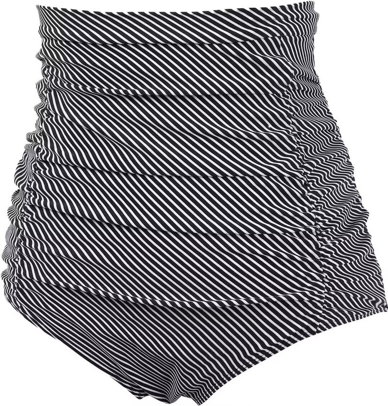 COCOPEAR Women's Ruched High Waisted Bikini Bottom Retro Vintage Swim Short Tankinis Black Stripe 2XL - Image 2